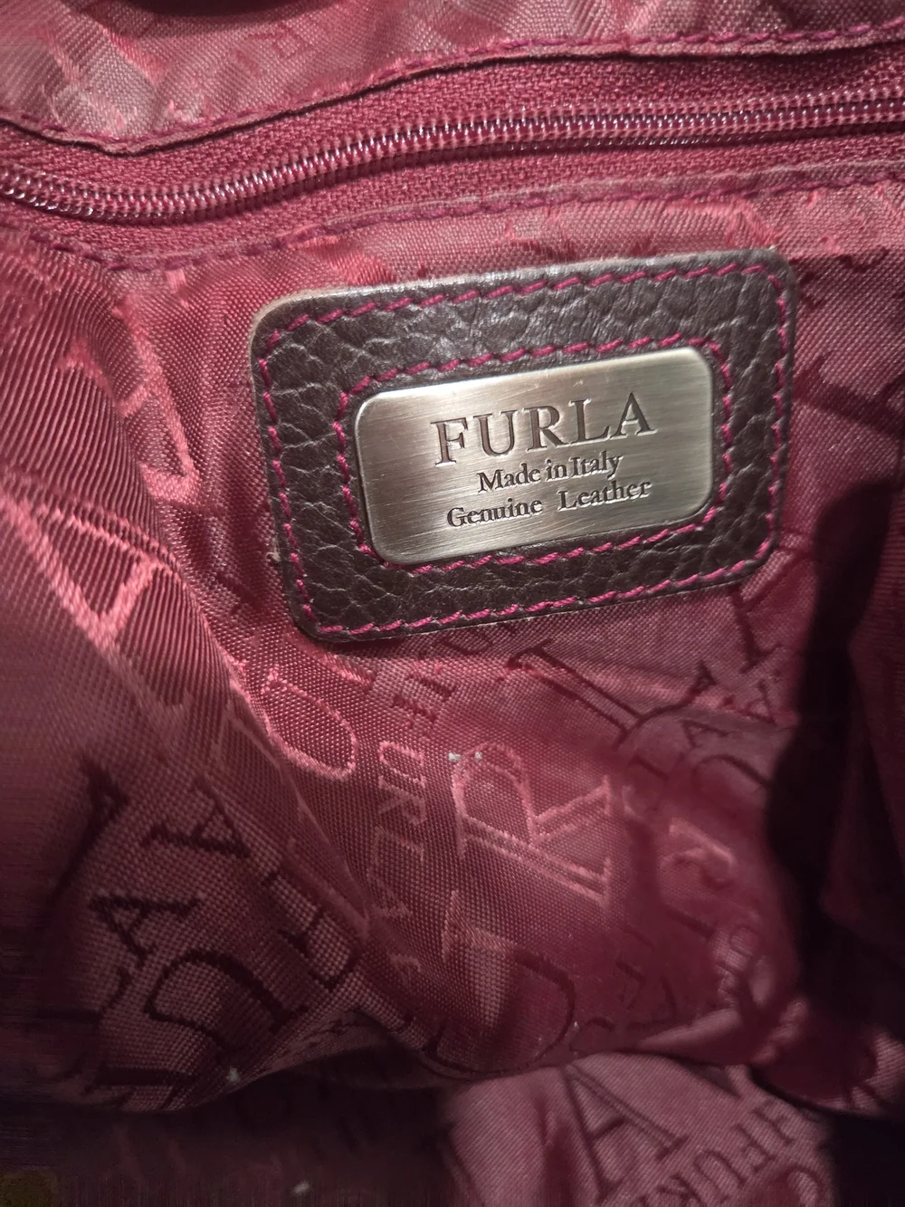 Furla Vintage Calf Skin Brown Leather Satchel with Red Tassel Accent